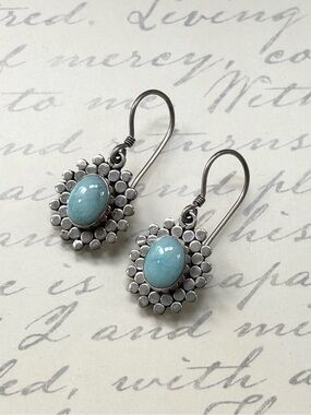 Sterling Silver Floral Drop Earrings with Light Blue Larimar Oval Gemstones